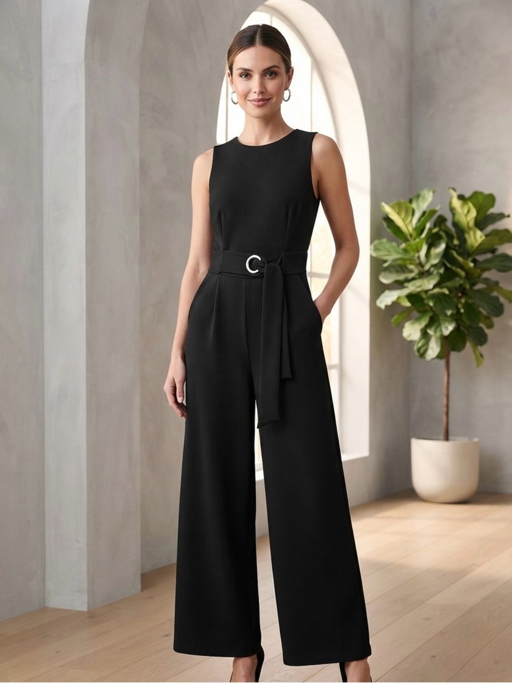 Romeo & Juliet Couture Black Sleeveless Belted Jumpsuit